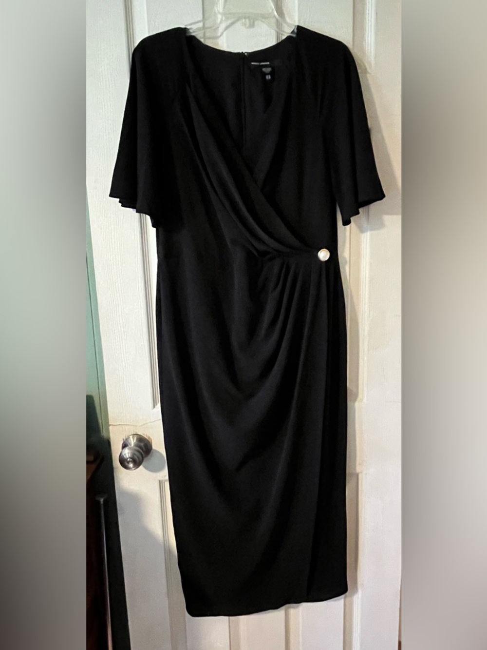 Maggy London Black Wrap-Style Midi Dress with Pearl Accent